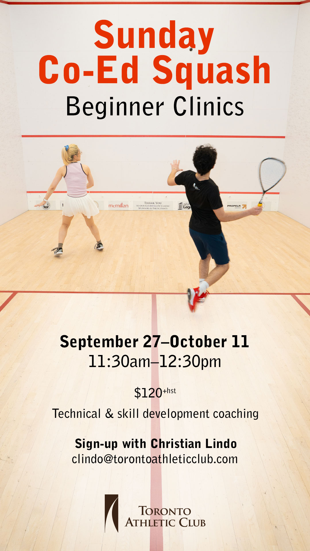 Sunday Co-Ed Squash Beginner Clinics, running September 27-October 11
